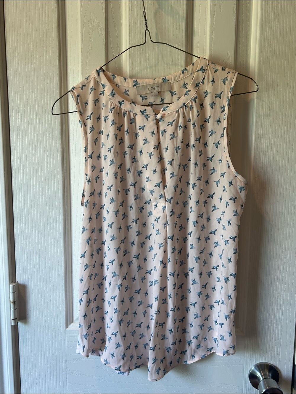 LOFT Cream Sleeveless Blouse with Teal Bird Print